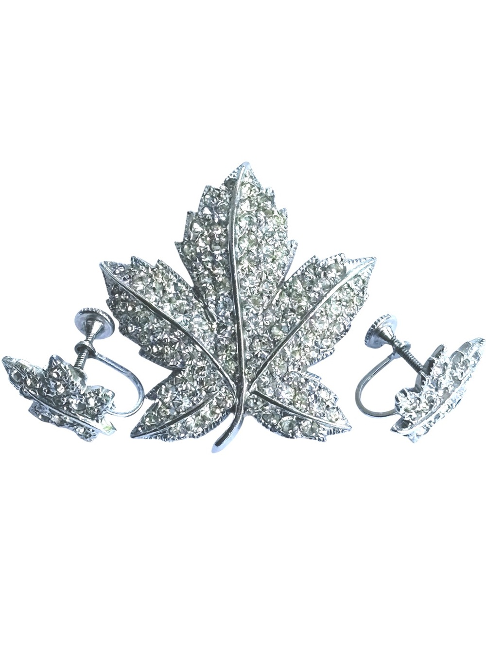 Keyes Vintage Signed 50s Maple Leaf Silver Toned Rhinestone Set Brooch Earrings